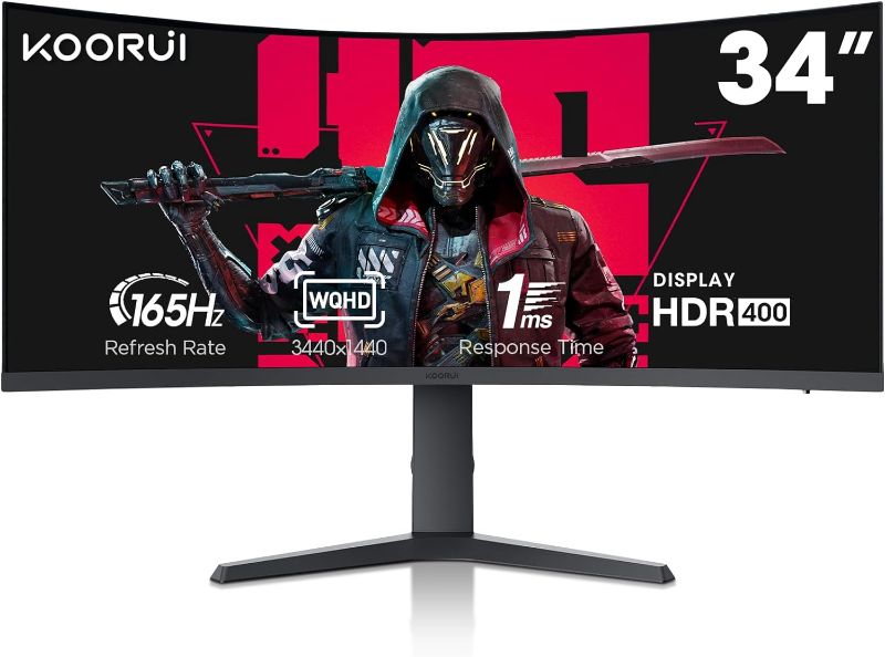 Photo 1 of ****USED** KOORUI 34-inch Ultrawide Curved WQHD 3440×1440 Gaming Monitor, 165Hz 144Hz Curved 1000R- PIP/PBP, 1ms with DisplayHDR 400, DCI-P3 90% Color Gamut, FreeSync Premium, HDMI/DisplayPort, 34E6UC