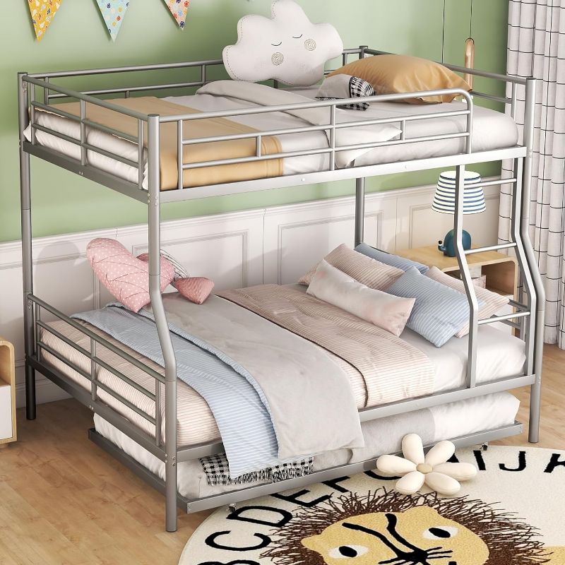 Photo 1 of **SELLING AS PARTS NO RETURNS***
Full XL Over Queen Bunk Bed with Trundle, Metal Bunk Bed Frame with Metal Slats Support and Full Length Gridded Guardrails, Save Space or Split Into 2 Beds, No Box Spring Needed (Silver-Iron,9)
