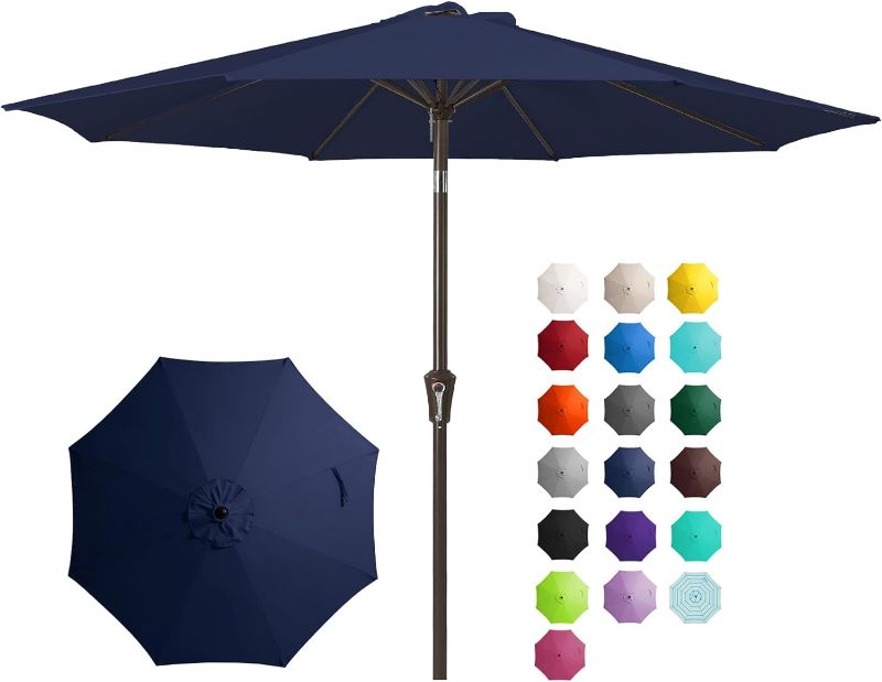 Photo 1 of  9FT Outdoor Patio Umbrella Outdoor Table Umbrella with Push Button Tilt and Crank, Market Umbrella 8 Sturdy Ribs UV Protection Waterproof for Garden, Deck, Backyard, Pool (Navy Blue)