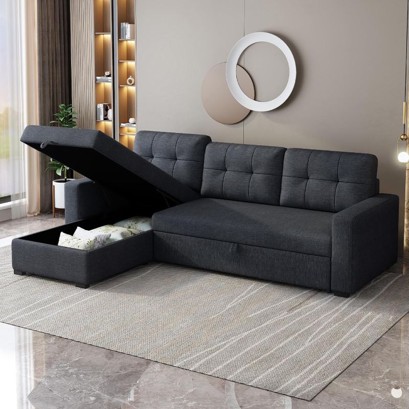 Photo 1 of ****PARTIAL SET BOX 1 OF 3 & 3 OF 3 ONLY.  FINAL SALE, NO RETURNS***81.5" Sectional Sleeper Sofa with Storage Chaise, L Shaped Pull Out Couch Bed with 3 Removable Back Cushion for Living Room, Apartment,Office dark gray 