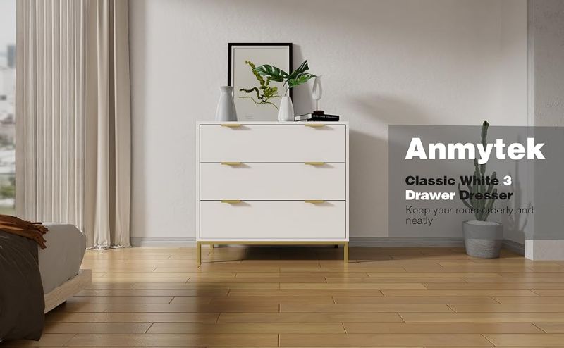 Photo 1 of Anmytek White Dresser for Bedroom, 3 Drawer Dresser with Spacious Storage Modern Wood Chest of Drawers for Bedroom Living Room Hallway H0074