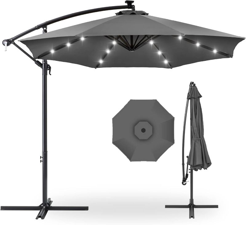 Photo 1 of  10ft Offset Umbrella with 36 Solar LED Lights  Navy gray