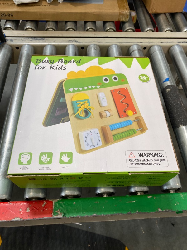 Photo 2 of ****USED*** HELLOWOOD Wooden Busy Board for Toddlers 1-3 2-4, Montessori Learning Toy with 19 Eductional Activities, Sensory Activity Board to Develop Fine & Life Motor Skills, Gift for Boy & Girl Green