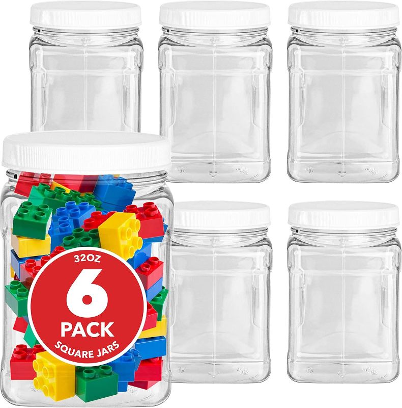 Photo 1 of ****USED***6 Pack Clear Plastic Storage Jars with Lids, 27 oz Square Plastic Containers with Airtight Lids, Paint Storage Containers with Easy Grip Handles, Reusable Wide Mouth Plastic Canisters with Lids