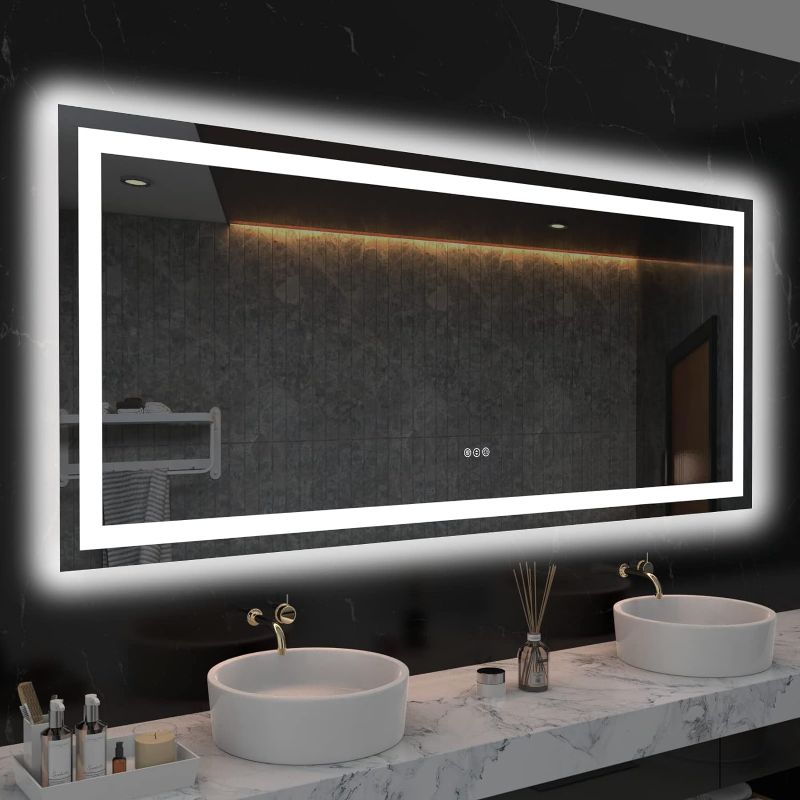 Photo 1 of 60X28 LED Bathroom Mirror with Lights, Anti-Fog, Dimmable, Backlit + Front Lit, Lighted Bathroom Vanity Mirror for Wall, Memory Function, Tempered Glass, ETL Listed