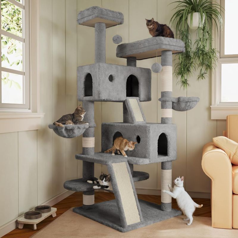 Photo 1 of MUTICOR 66 Inches Multi-Level Large Cat Tree Tower for Indoor Big Cats/Cozy Plush Perches/Cat Condo/Sisal Scratching Posts/Hammock and Baskets/Cat Activity Center Play House/Wide Base/Grey