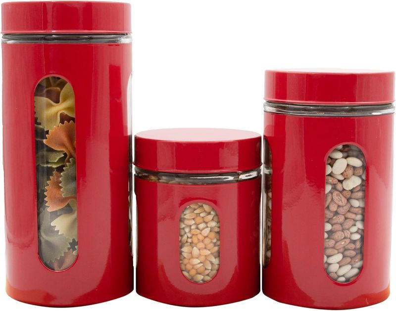 Photo 1 of (3 Piece Air Tight Food Containers Set Stainless Steel with Glass Windows Airtight Canisters For Kitchen and Pantry organization and storage red