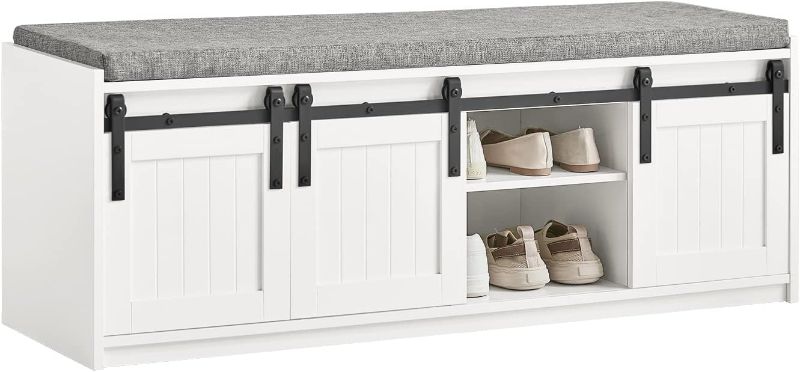 Photo 1 of ****SIMILAR****Haotian White Rustic Style Storage Bench with Sliding Barn Doors & Padded Seat Cushion, Hallway Bench, Shoe Cabinet, Window Shoe Bench, FSR133-W