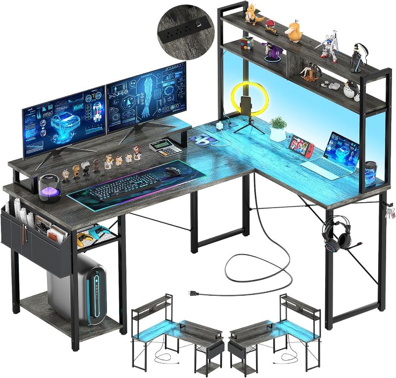 Photo 1 of Aheaplus Small L Shaped Gaming Desk with LED Lights & Power Outlets, Reversible L-Shaped Computer Desk with Monitor Stand & Storage Shelf, Corner Desks Home Office Desk with Storage Bag, Grey Oak