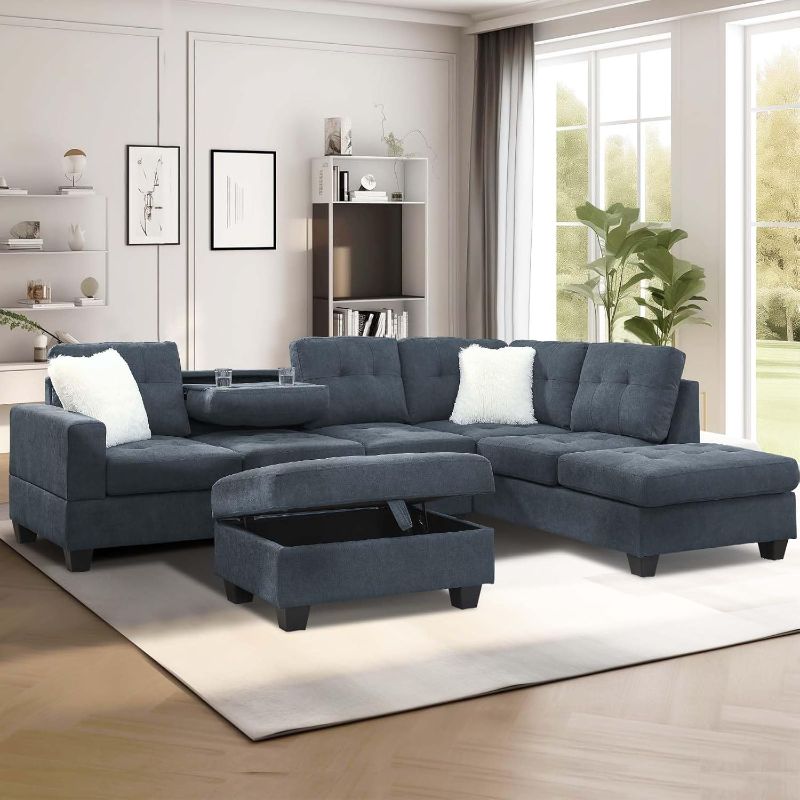 Photo 1 of 107" Large Sectional Couches for Living Room, 6 Seater L Shaped Sofa, Storage Ottoman and 2 Cup Holders, Suitable for Apartment, 2 Pillows Included, Dark Gray-Right Chaise