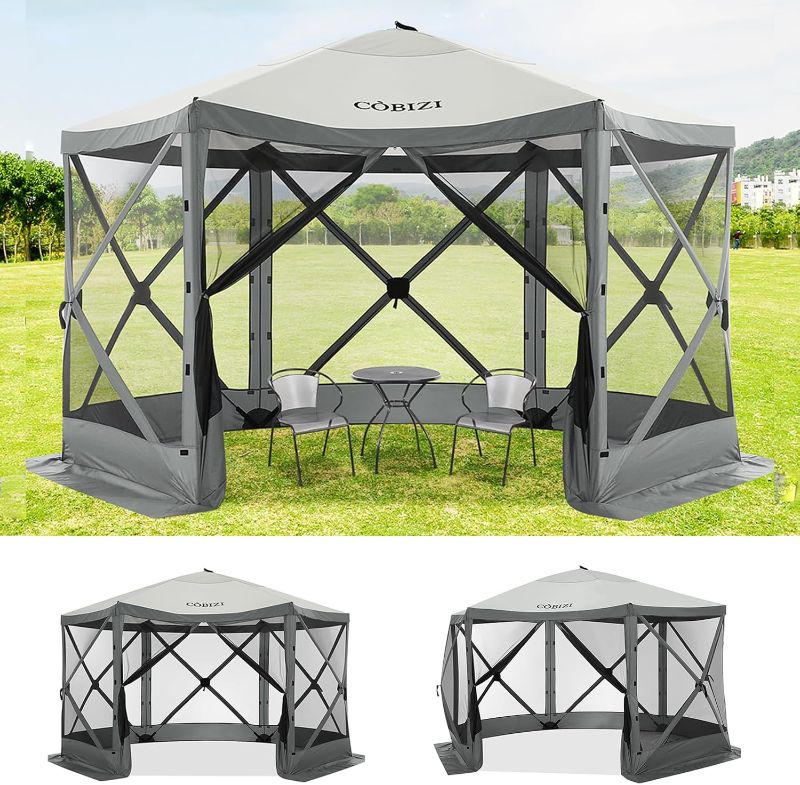 Photo 1 of COBIZI 12x12ft Pop up Gazebo Screen House Tent with Mosquito Netting, 6 Sided Pop-up Canopy Shelter Tent Easy-Set Portable Gazebo with Carry Bag for Outdoor Camping, Lawn and Backyard, Grey