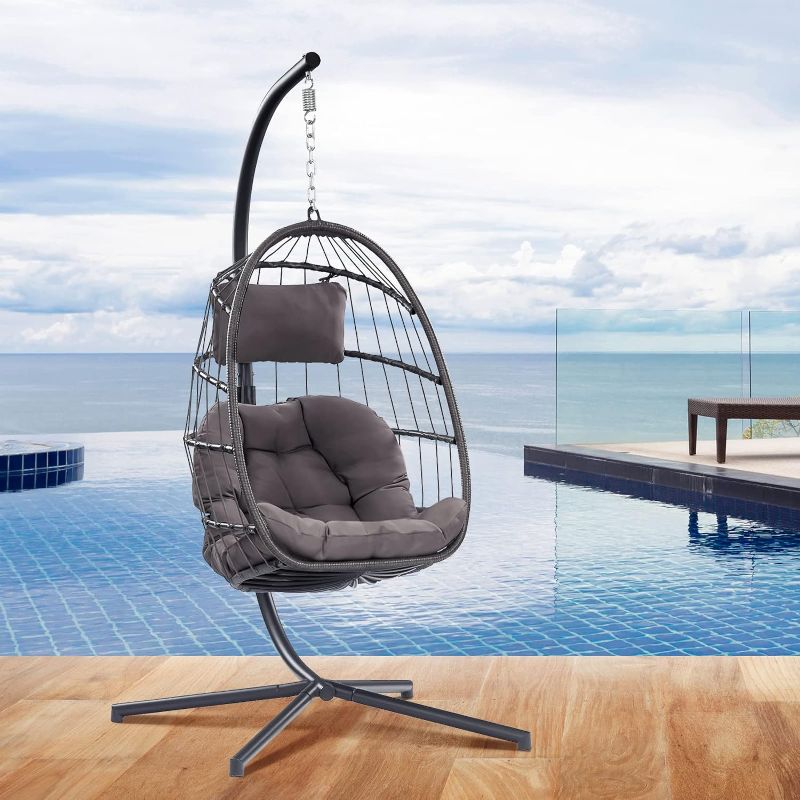 Photo 1 of ****USED*** Egg Chair with Stand - Patio Rattan Wicker Hanging Swing Egg Chair Hammock Chair for Indoor Outdoor Bedroom Garden - Aluminum Steel Frame and UV Resistant Cushion 350LBS Capacity (Dark Grey)