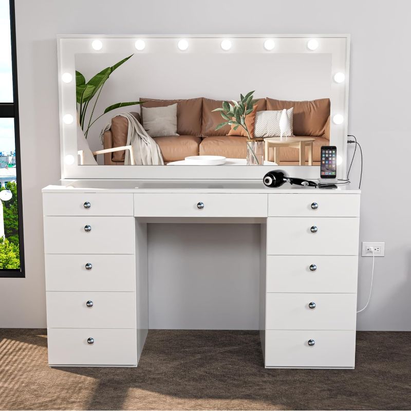 Photo 1 of Boahaus Orla Modern White Makeup Vanity Desk with Light Bulbs Built-in, USB Port and Power Outlet, 11 Drawers, Hollywood Vanity Mirror, Glam Glass Top