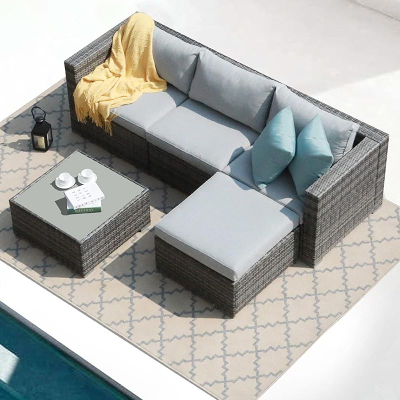 Photo 1 of 5 Piece Outdoor Patio Furniture Set, Sectional Conversation All-Weather Grey PE Wicker w/Light Cushions, Backyard Porch Garden Poolside Balcony Set