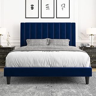 Photo 1 of Allewie Queen Platform Bed Frame/Velvet Upholstered Bed Frame with Vertical Channel Tufted Headboard/Strong Wooden Slats/Mattress Foundation/Box Spring Optional/Easy Assembly/Navy Blue