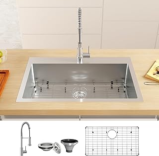 Photo 1 of 33 inch Kitchen Sink, TECASA Drop-in or Undermount Sink with Faucet Combo, 12 inches Pull-down Faucet, Dual Mount Single Bowl T304 Grade Stainless Steel Sink with Accessories