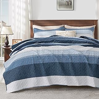 Photo 1 of  Blue Striped Quilt Queen(90x96Inch), 3 Pieces (1 Striped Quilt and 2 Pillowcases) Patchwork Bedspread Coverlet Set, Soft Microfiber Lightweight Quilted Bedding Set