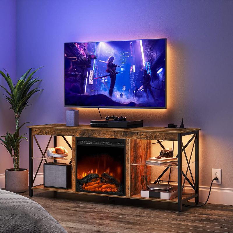 Photo 1 of 
HOOBRO Fireplace TV Stand with Led Lights and Power Outlets, Wooden Media Entertainment Center Console Table with Glass Shelves, Fireplace TV Console f