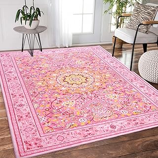 Photo 1 of 8x10 Area Rugs Machine Washable Boho Rug Oriental Floral Soft Indoor Carpet Low Pile Non Slip Large Rugs for Living Room Bedroom Office Dining Room Decor Aesthetic, Hot Pink