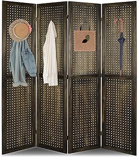 Photo 1 of 4 Panel Room Divider, 5.6Ft Pegboard Display Wooden Room Divider Folding Privacy Screen Room Divider Freestanding Peg Board Display for Trade Show Craft Show Home Wall Organizer, Retro black