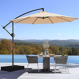 Photo 1 of 10ft Offset Patio Umbrella - w/Base, Cantilever Offset Hanging Patio Outdoor Market Umbrella UPF50+ UV Protection with Easy Tilt and Crank for Pool Deck and Garden (grey