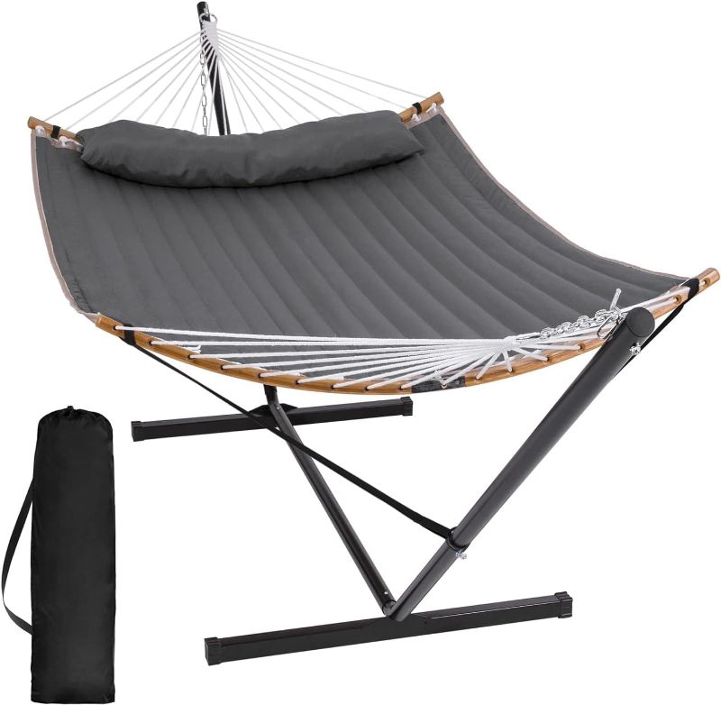 Photo 1 of ****USED** SUNCREAT Outdoor Hammock with Curved Spreader Bar, Patio Double Hammock with Stand, Soft Pillow, 450 lbs Capacity, color gray