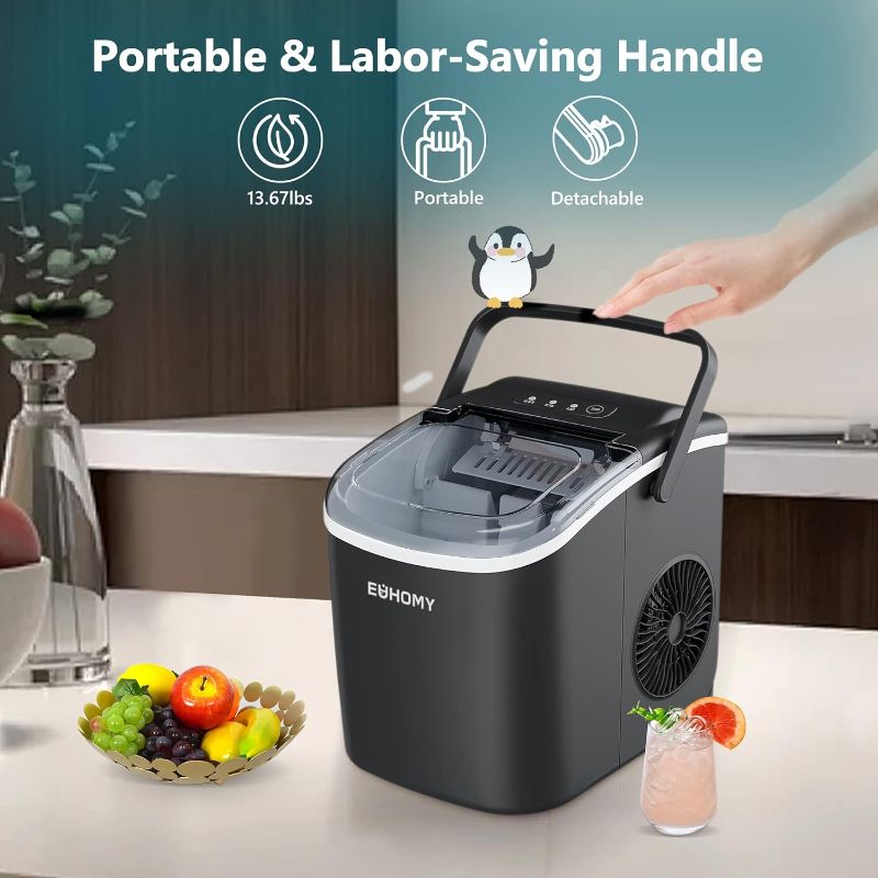 Photo 1 of ***NON FUNCTIONAL//SOLD AS PARTS ALL SALES FINAL*** 
EUHOMY Countertop Ice Maker Machine with Handle, 26lbs in 24Hrs, 9 Ice Cubes Ready in 6 Mins, Auto-Cleaning Portable Ice Maker with Basket and Scoop, for Home/Kitchen/Camping/RV. (Black)