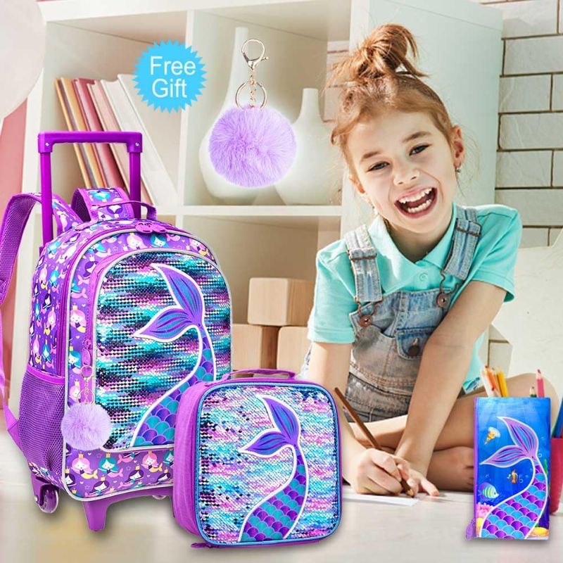 Photo 1 of  gxtvo Rolling Backpack for Girls, Roller Wheels Kids Bookbag - Wheeled Suitcase Elementary Sequin School Bag - 3PCS Mermaid