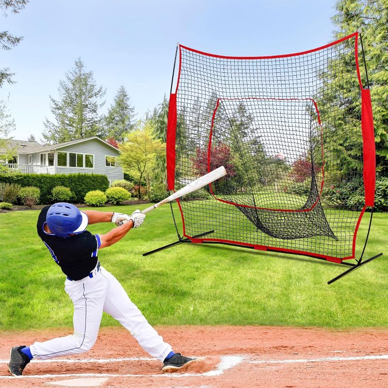 Photo 1 of  7' X 7' Baseball & Softball Practice Hitting & Pitching Net with Bow Frame, Carry Bag and Bonus Strike Zone, Great for All Skill Levels, Regulation