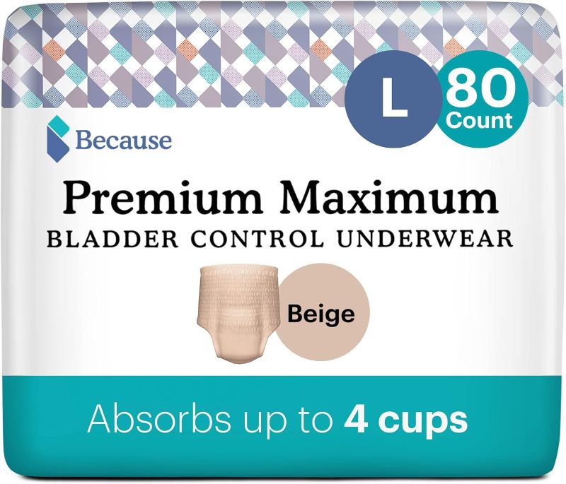 Photo 1 of ***1 pack***Because Premium Maximum Plus Adult Incontinence and Postpartum Bladder Leak Underwear for Women, Maximum Absorbency, Disposable, Beige, Large, 80 Count (1Pack of 20) Large 