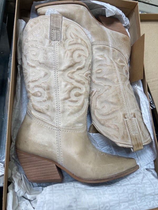 Photo 2 of ***SIMILAR /USED****Soda Reno Women Western Cowboy Pointed Toe Knee High Pull On Tabs Boots 7.5 Wide Sand Nubuck