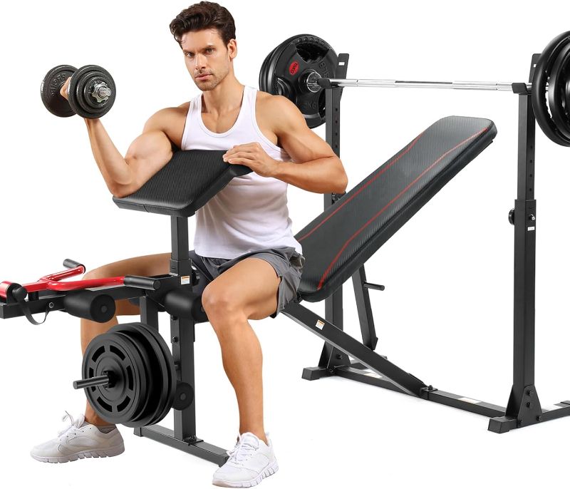 Photo 1 of Aceshin Olympic Weight Bench, 900 LBS Adjustable Weight Bench and Squat Rack, Bench Press Set with Leg Extension, Preacher Curl Pad, Workout Bench for Home Gym