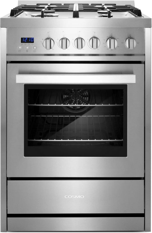 Photo 1 of ***SIMILAR***
***DAMAGE***

COSMO 24 in. 2.73 cu. ft. Single Oven Gas Range with 4 Burner Cooktop and Heavy Duty Cast Iron Grates in Stainless Steel 