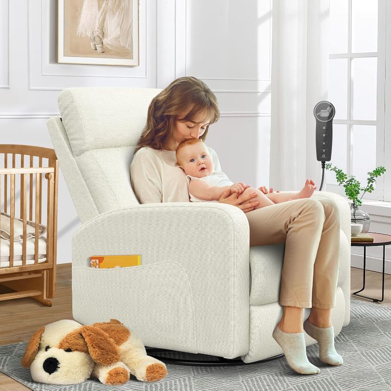 Photo 1 of ***SIMILAR***
***PARECIDO***
Aotolo Power Recliner Nursery Glider Chair, Power Adjustable Head Support, 270 Degree Swivel Glider Rocking Chair with USB & Type C Ports, Power Recliner Chair for Nursing, Living Room, Ivory 