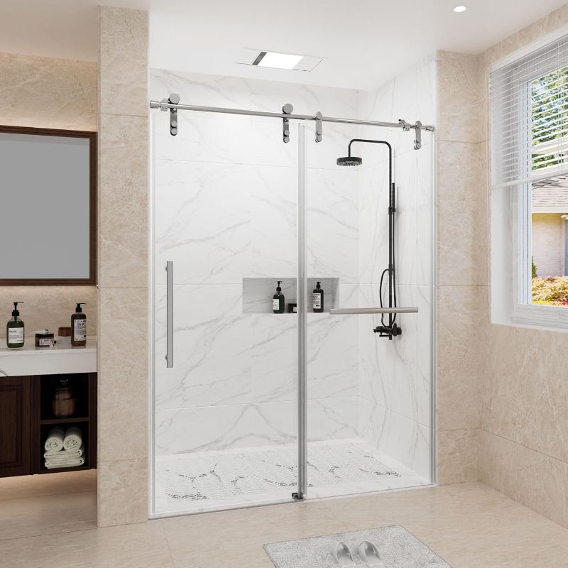 Photo 1 of ***SIMILAR*** **PARTS ONLY 
FShower Door H Frameless Shower Door,Sliding Shower Door with 5/16"(8mm) Clear Tempered Glass,Glass Shower Door w/Seal Strip Parts and Handle,Stainless Steel Hardware,Silvery
