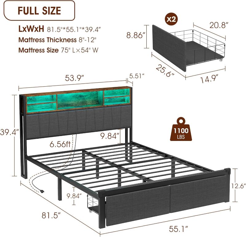 Photo 1 of ***SIMILAR***
Alohappy LED Full Size Bed Frame with Storage Headboard and Drawers,Modern Upholstered Bed Frame Full Size with Led Lights and Charging Station Metal Platform Bed Frame No Noise Esay Assembly (Full)
