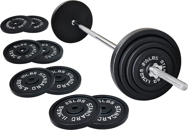 Photo 1 of ***SIMILAR***
Signature Fitness Cast Iron Standard Weight Plates Including 5FT Standard Barbell with Star Locks, 95-Pound Set (85 Pounds Plates + 10 Pounds Barbell), Multiple Styles https://a.co/d/1Uut00i