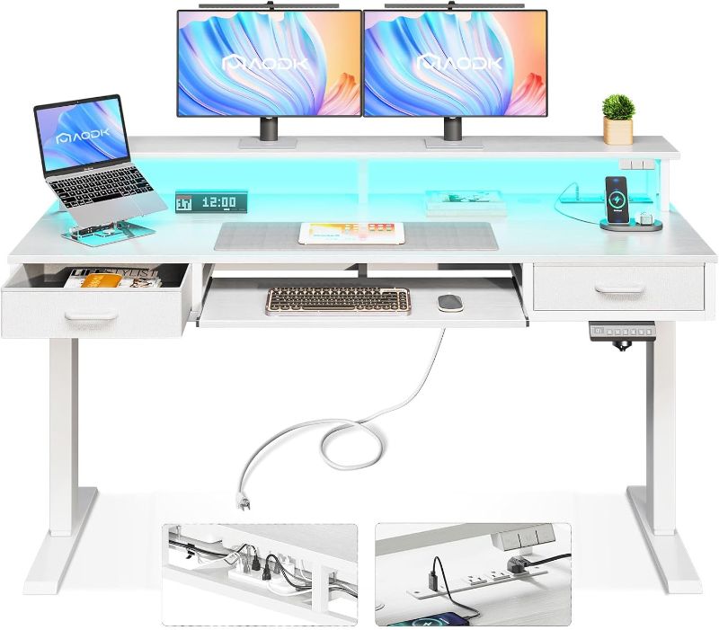 Photo 1 of AODK Electric Standing Desk with Drawers & Keyboard Tray, 55 Inch Height Adjustable Desk with Power Outlets & LED Lights, Sit Stand Table with Monitor Stand for Home, Office, White
