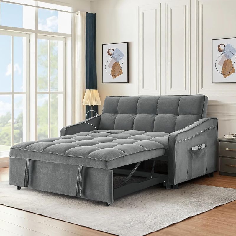 Photo 1 of 3 in 1 Sleeper Sofa Couch Bed with USB & Type C Port, 52" Small Modern Convertible Tufted Velvet Loveseat Sofa w/Pull Out Bed for Living Room Small Space Apartment, Grey
