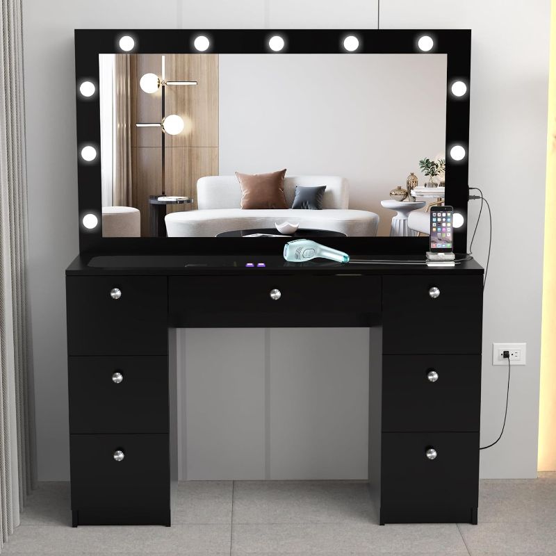 Photo 1 of Boahaus Yara Large Bedroom Makeup Vanity Desk with Mirror and Lights, 7 Drawers, Glass Top, USB Port, Basic Knobs - Black Big Vanity Makeup Desk, Built-in Lights, 56'' H x 46.3'' W x 14.6'' D
