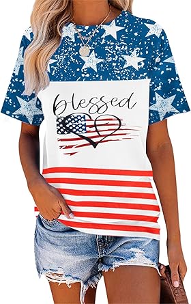 Photo 1 of American Flag Shirt Women 4th of July Blessed Heart Print Tee USA Flag Stars Stripes Graphic T-Shirt Tops XL