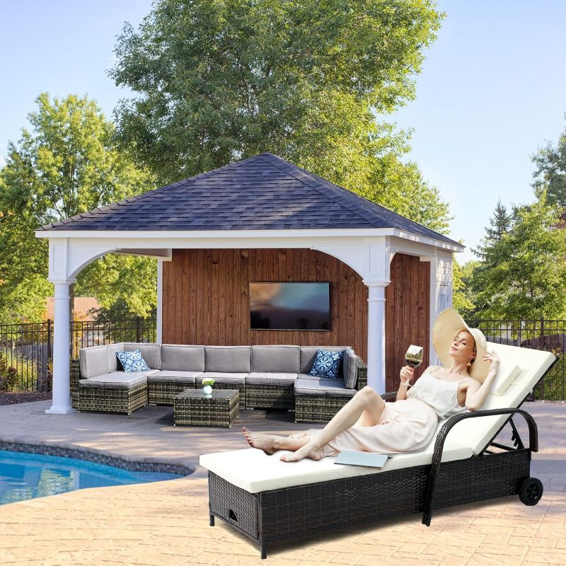 Photo 2 of ***BLUE AND GREY COLOR / SEE REAL COLOR IN THE PHOTO TAKEN*** YITAHOME Outdoor Wicker Chaise Lounge Chair Set of 2 w/Storage, Rattan Patio Pool Lounger with Adjustable Backrest, Arm, Cushion, Pillow and Wheel for Poolside Backyard Porch Garden Beach