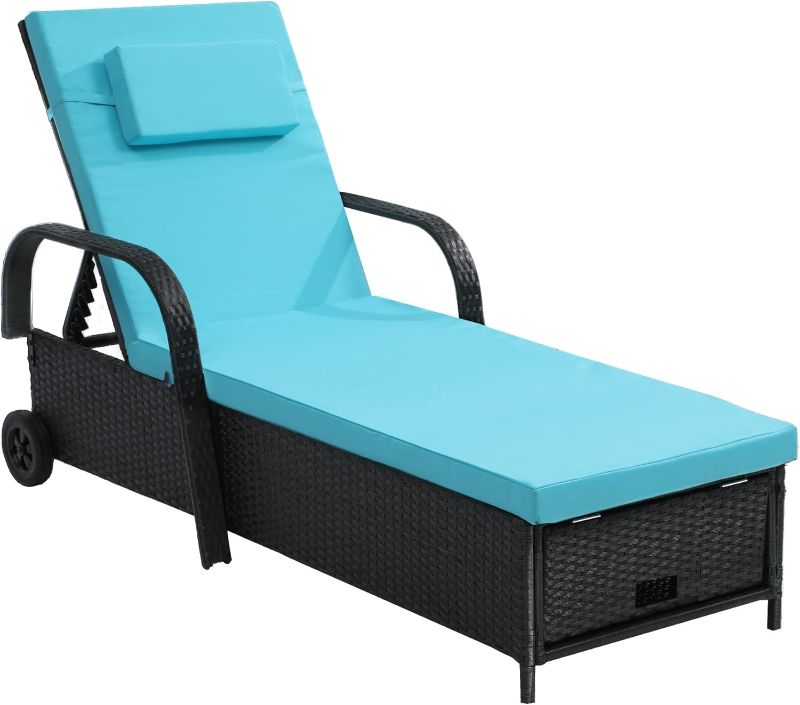 Photo 1 of ***BLUE AND GREY COLOR / SEE REAL COLOR IN THE PHOTO TAKEN*** YITAHOME Outdoor Wicker Chaise Lounge Chair Set of 2 w/Storage, Rattan Patio Pool Lounger with Adjustable Backrest, Arm, Cushion, Pillow and Wheel for Poolside Backyard Porch Garden Beach