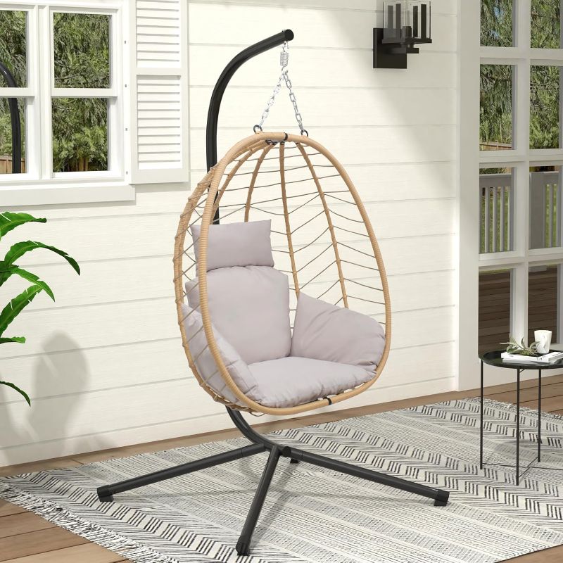 Photo 1 of ***USED***FOR PARTS ONLY***SOLD AS IS**NO RETURNS***ALL SALES ARE FINAL*** Hanging Egg Chair with Stand Patio Hammock Swing Chair Basket Wicker Rattan Adjustable Height UV Resistant Indoor Outdoor Use 300Lbs Beige