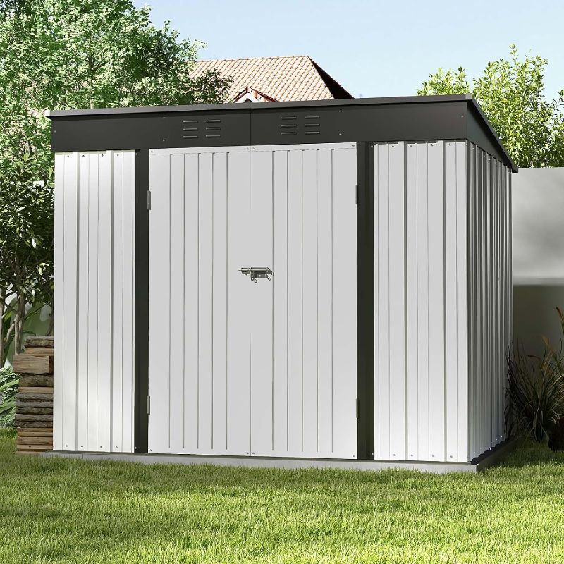 Photo 1 of 10FT x 8FT Outdoor Storage Shed Metal Lockable Garden Shed Steel Anti-Corrosion Storage House Storage shed with Lockable Door for Garden Shed Patio Outdoor Storage Sheds Roof Green+White