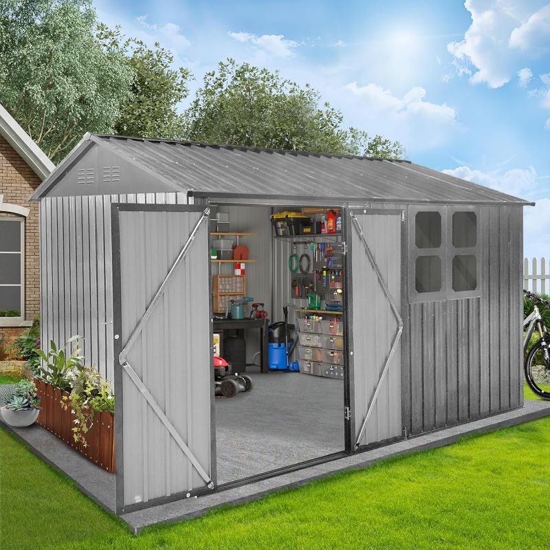 Photo 1 of 10X8 FT Outdoor Storage Shed with Window, Large Garden Shed for Lawn Mower, Garbage Can, Bike, Metal Tool Sheds for Patio, Lawn, Waterproof Storage House, Gray