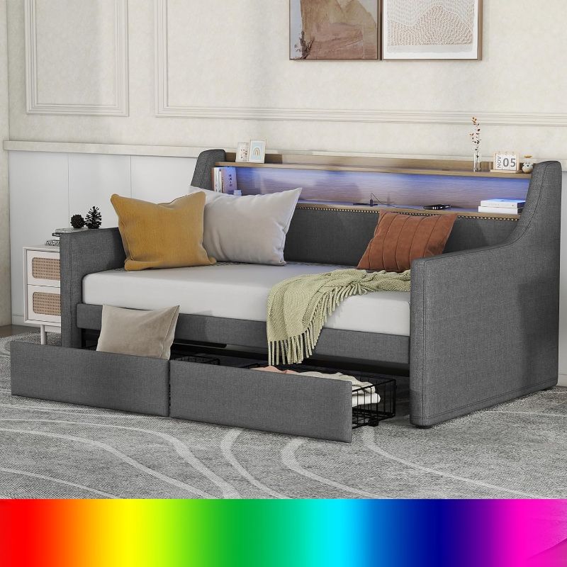 Photo 1 of ** use for parts. sides only**
bellemave Twin Daybed with Storage 2-Tier Shelf, Linen Upholstered Day Bed Size with RGB LED Light and Charging Station, Gray Drawer