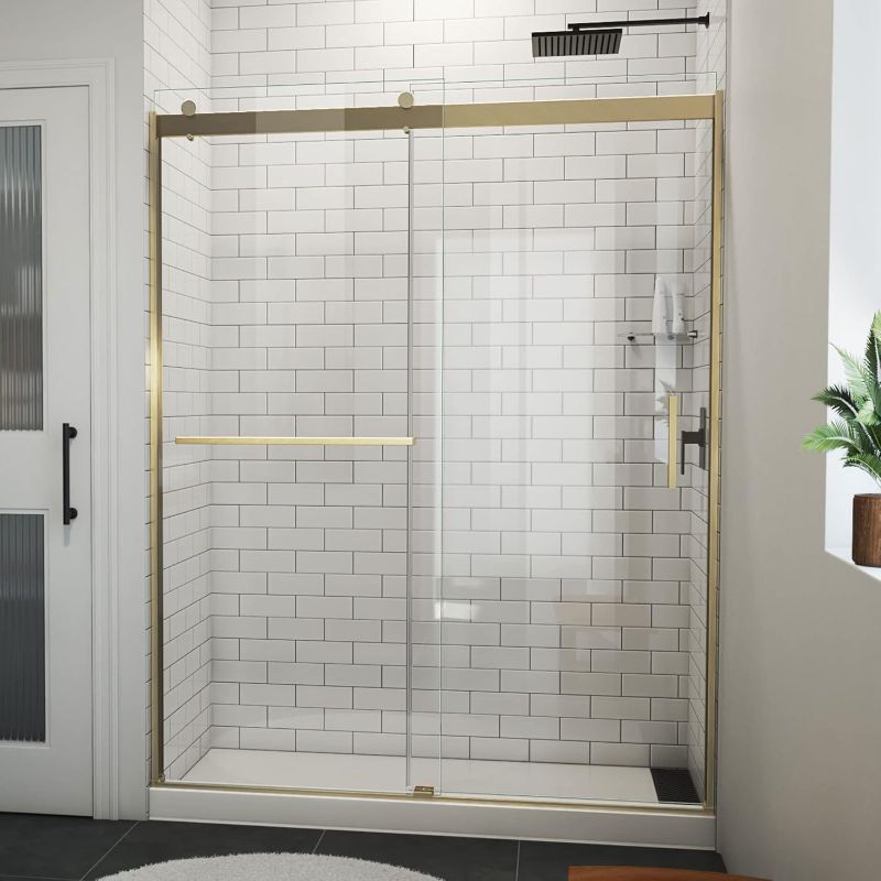 Photo 1 of ** missing installation tools*
DreamLine Sapphire-V 56-60 in. W x 76 in. H Bypass Shower Door in Brushed Gold and Clear Glass
