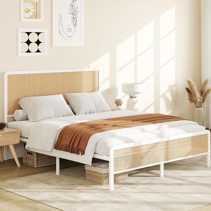 Photo 1 of ** no hardware**
GAOMON Queen Size Rattan Bed Frame with Headboard, Modern Style Cane Boho Bed Frames with Heavy Duty Sturdy Steel Slat Support, No Box Spring Needed, White
