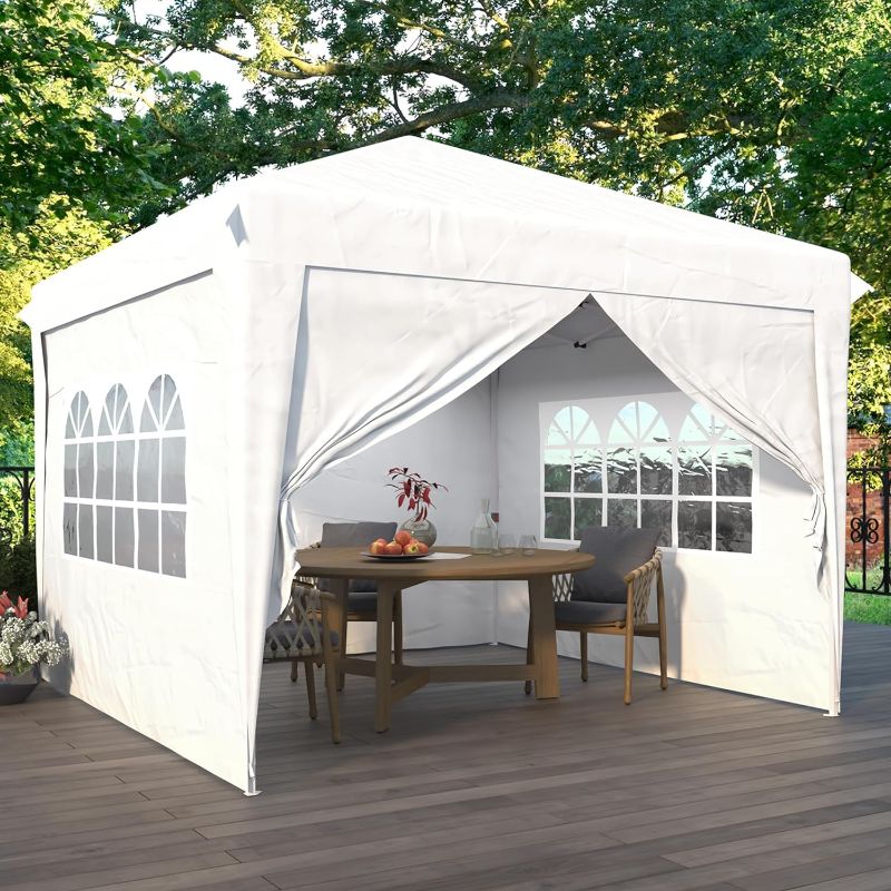 Photo 1 of  Pop Up Canopy Tent, Easy Up Canopy with 4 Removable Sidewalls&2 Window, Waterproof Pop Up Gazebo Tent for Parties,Commercial Outdoor Canopy for Vendor Events/Patio/Outdoor,Bonus 8 Stakes,WHITE
